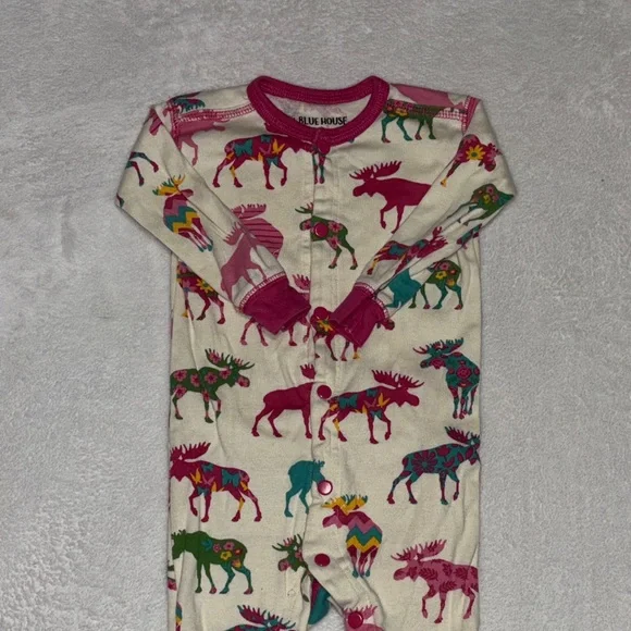 Little Blue House Pink and Green Moose Print Kids Footie - Picture 2 of 10